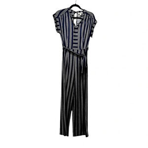 Monteau Tie- Waist Jumpsuit Navy Blue and White Stripes. Size Large